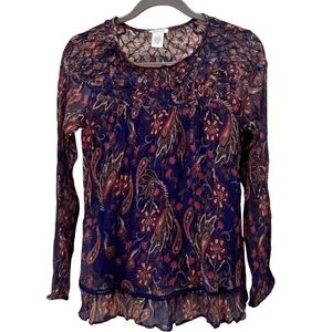 Sundance Indigo Floral Paisley Sheer Blouse with Tank with smocking, size Medium